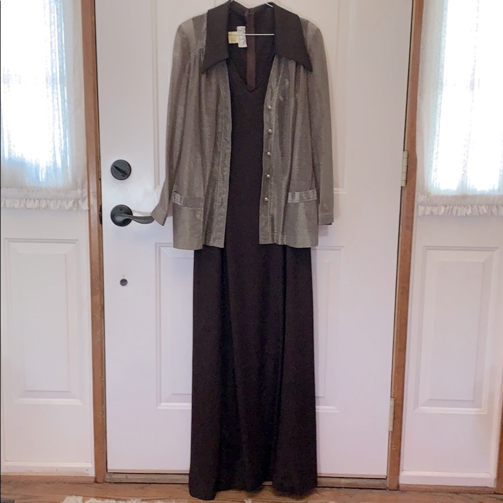 70’s era disco dress, brown sleeveless with bronze